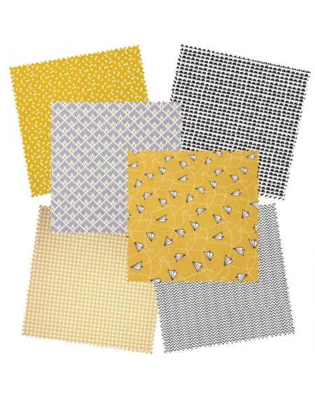 Tissus assortiment Origami - jaune moutarde, gris, noir et blanc
